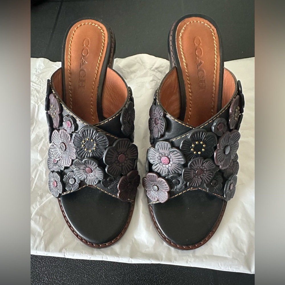 Pre-loved Coach Black and Purple Floral Sandals
